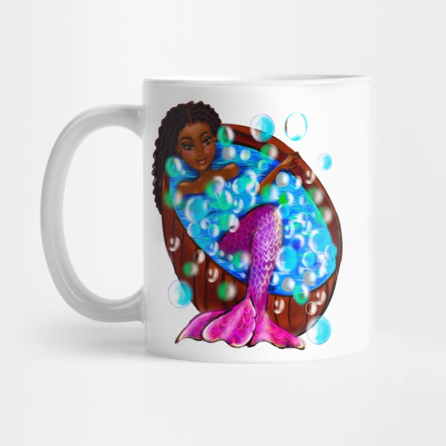 Mermaid spa day#002- african American anime mermaid in bubble bath. Pretty black girl with Afro hair, green eyes, Cherry pink lips and dark brown skin. Hair love ! by Artonmytee